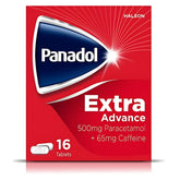 Panadol - Extra Advance Pain Relief Tablets 500mg, 16 pack; each caplet contains paracetamol and caffeine. Panadol branding is shown on the box.
